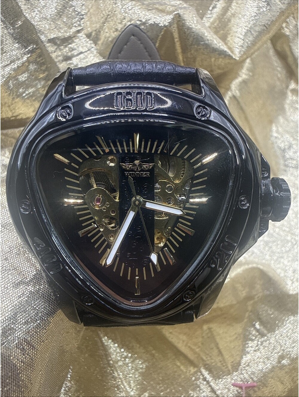 Winner Mens Mechanical Watch Black Triangle Shield Skeleton Dial Leather Strap